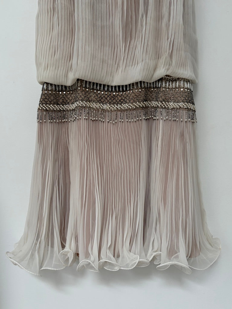 Vintage 80s ivory pleated drop waist mini dress with fringe beading