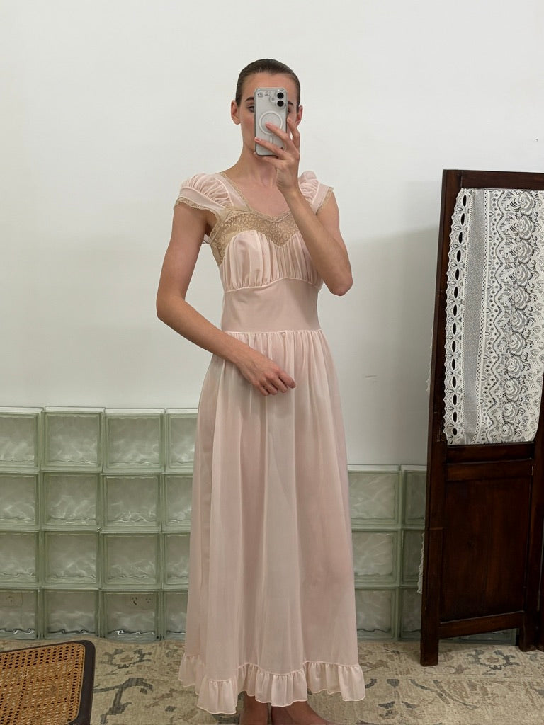 Vintage 60s baby pink semi sheer slip dress with lace trim