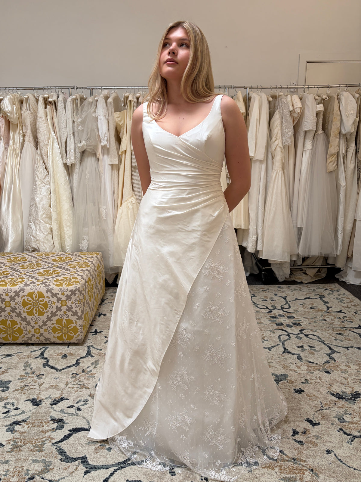 Vintage 00s V-neck draped silk taffeta lace wedding gown with train
