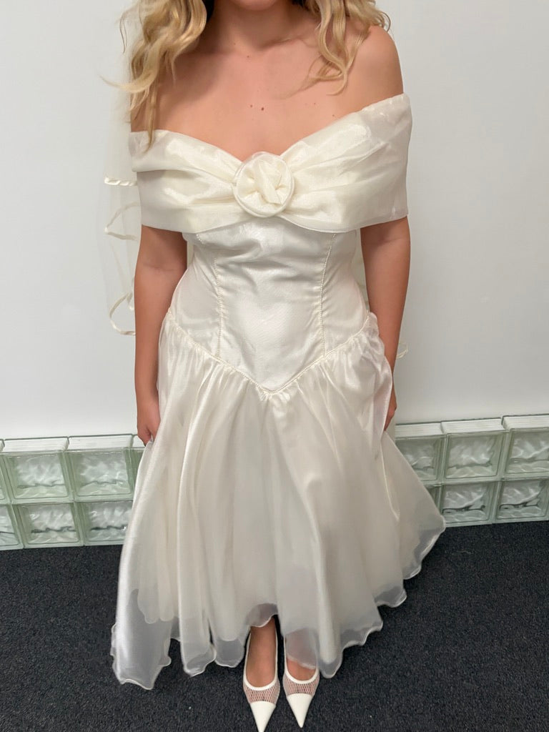 Vintage 90s basque waist organza tea length wedding dress