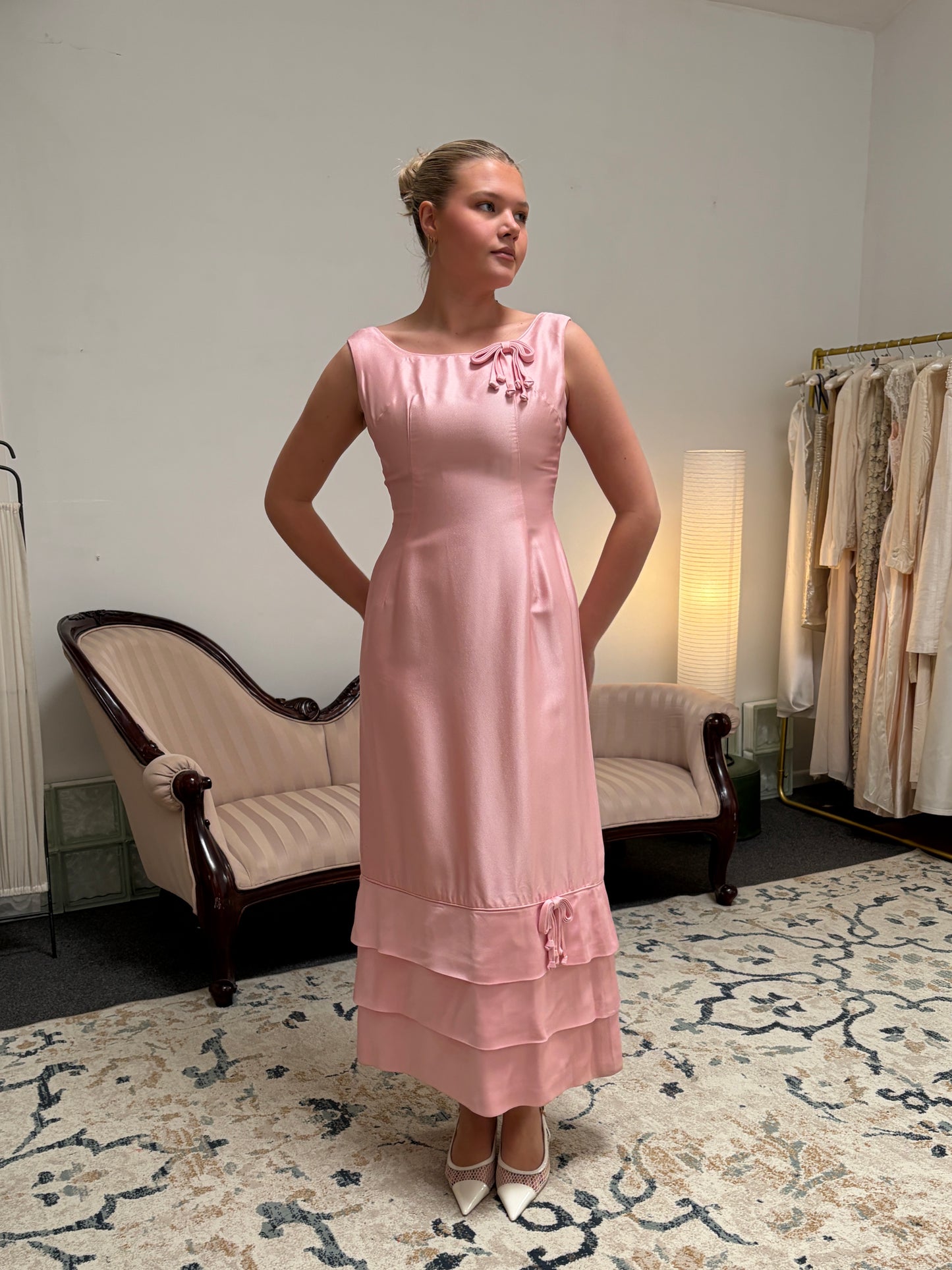 Vintage 60s candy pink tiered evening gown with bows