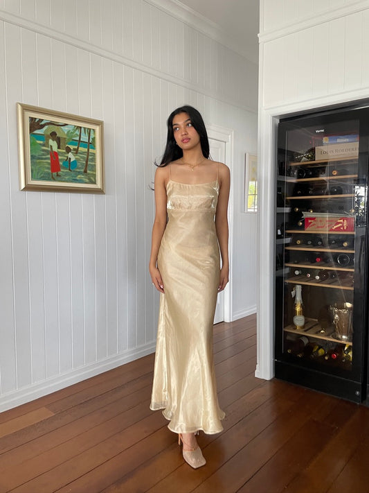 90s vintage champagne maxi dress with lace up back