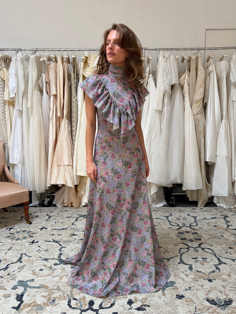 Vintage 70s high neck metallic floral a-line floor length dress