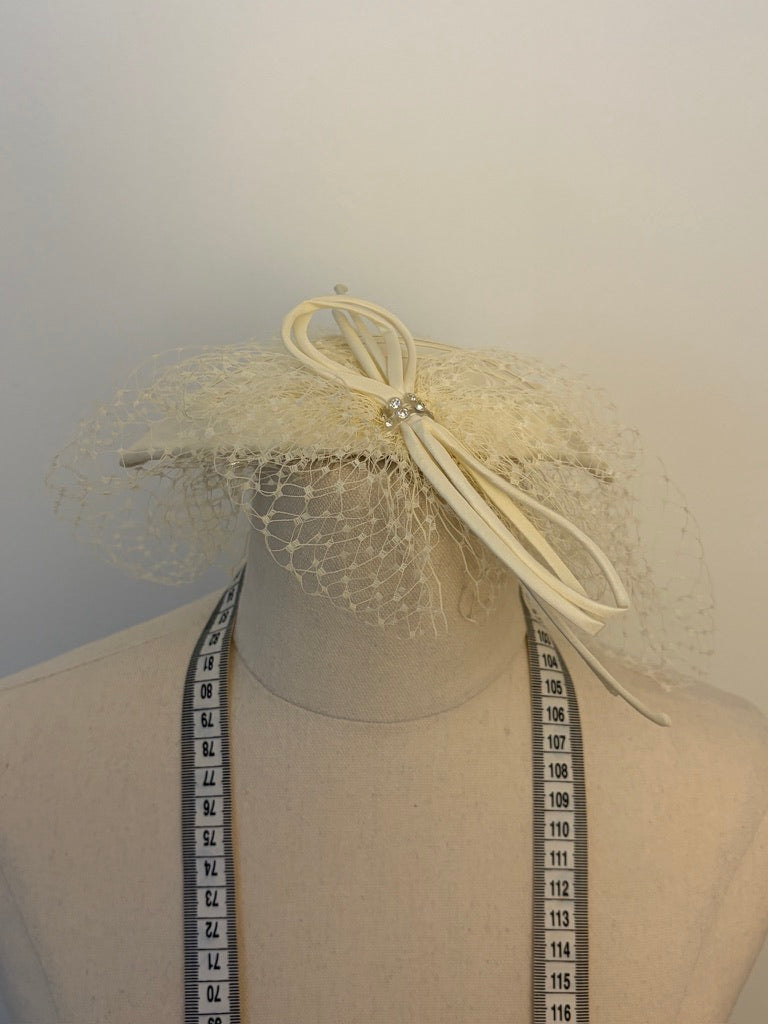 Vintage 80s cream satin bridal hat with birdcage veil
