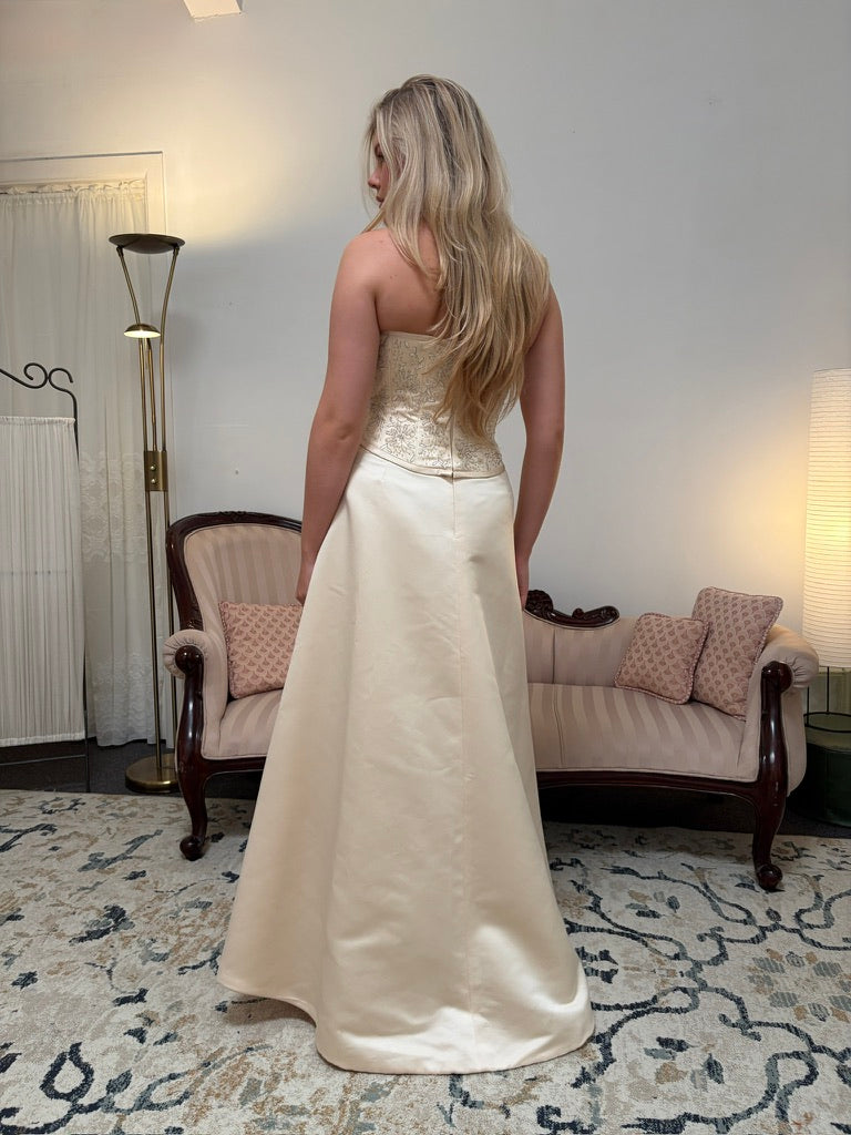 Vintage 00s Pronuptia champagne strapless wedding dress with detachable train