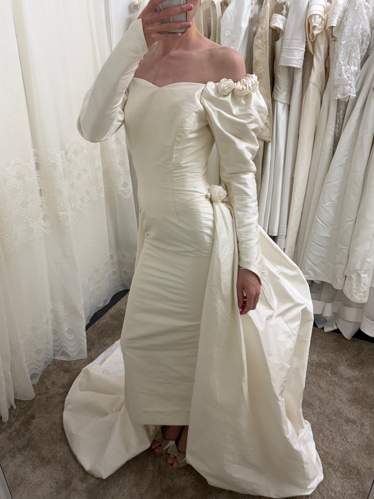 Vintage 90s silk dupion long sleeve rosette wedding gown with detachable train