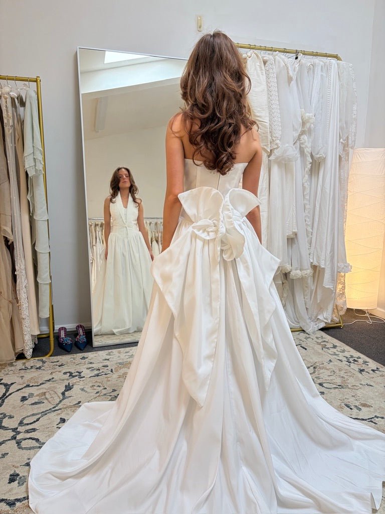 Vintage 90s taffeta basque waist halter wedding gown with train
