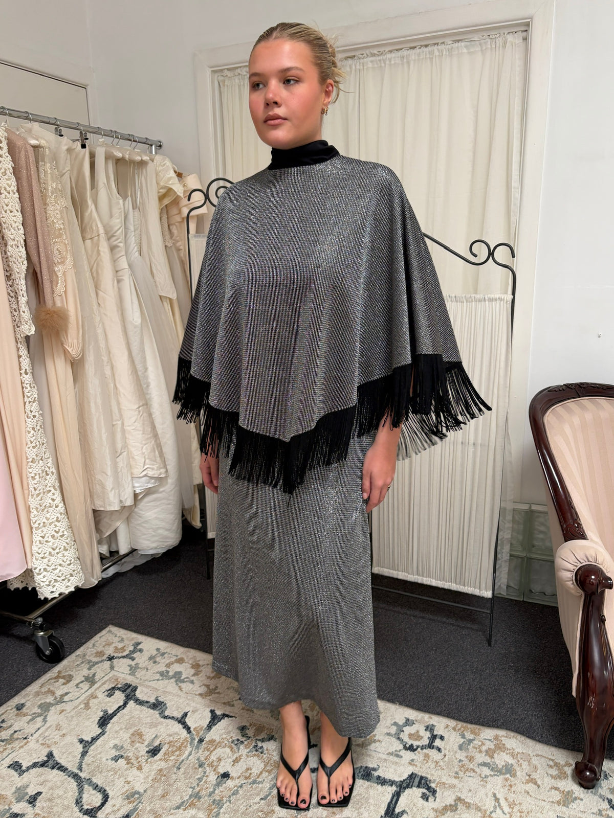 Vintage 70s silver evening dress with matching fringed cape