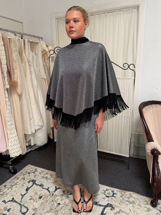 Vintage 70s silver evening dress with matching fringed cape