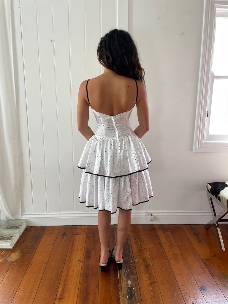 Vintage 80s white polka dot tiered mini dress