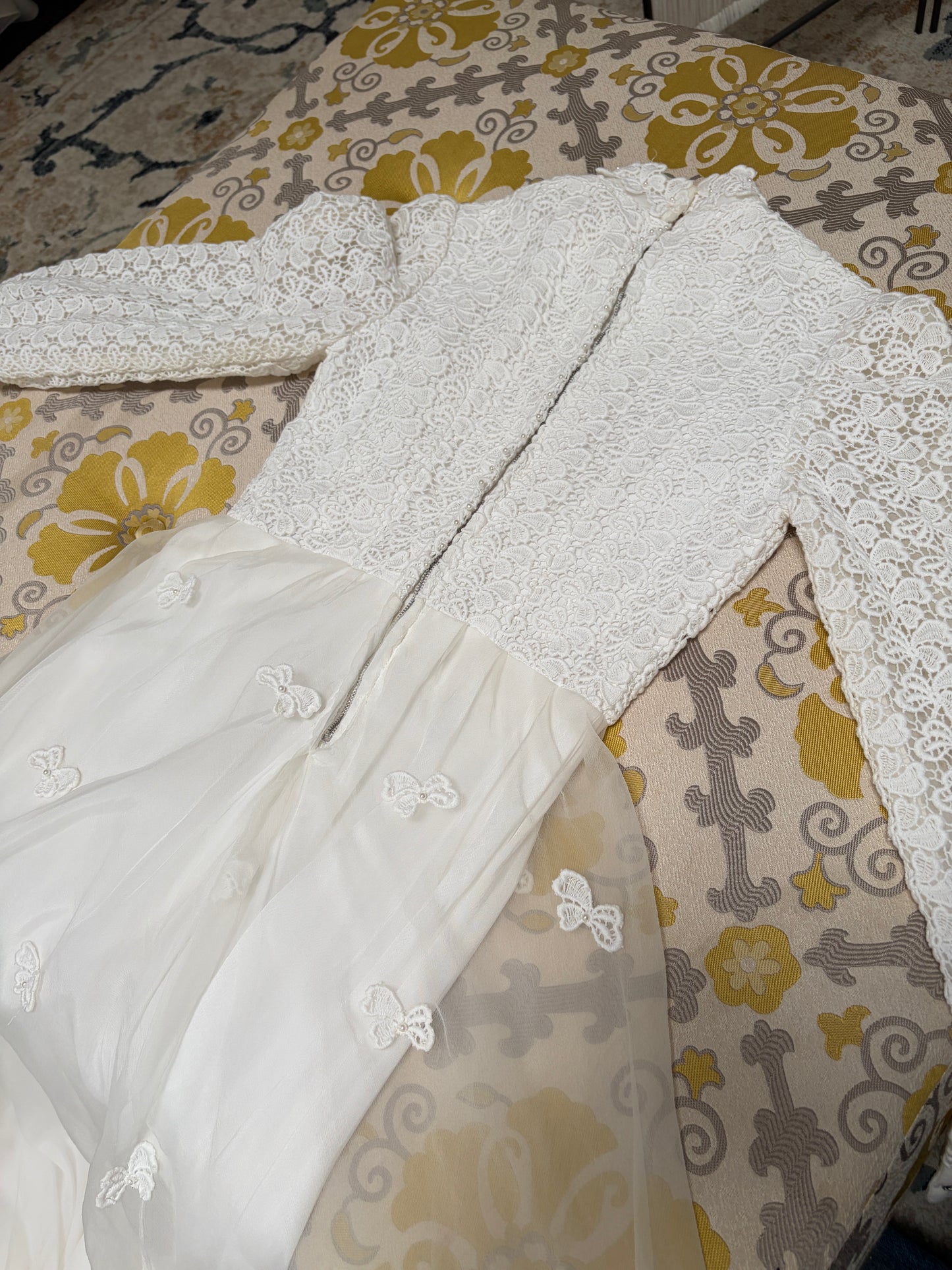 Vintage 60s long sleeve guipure lace wedding gown with applique train