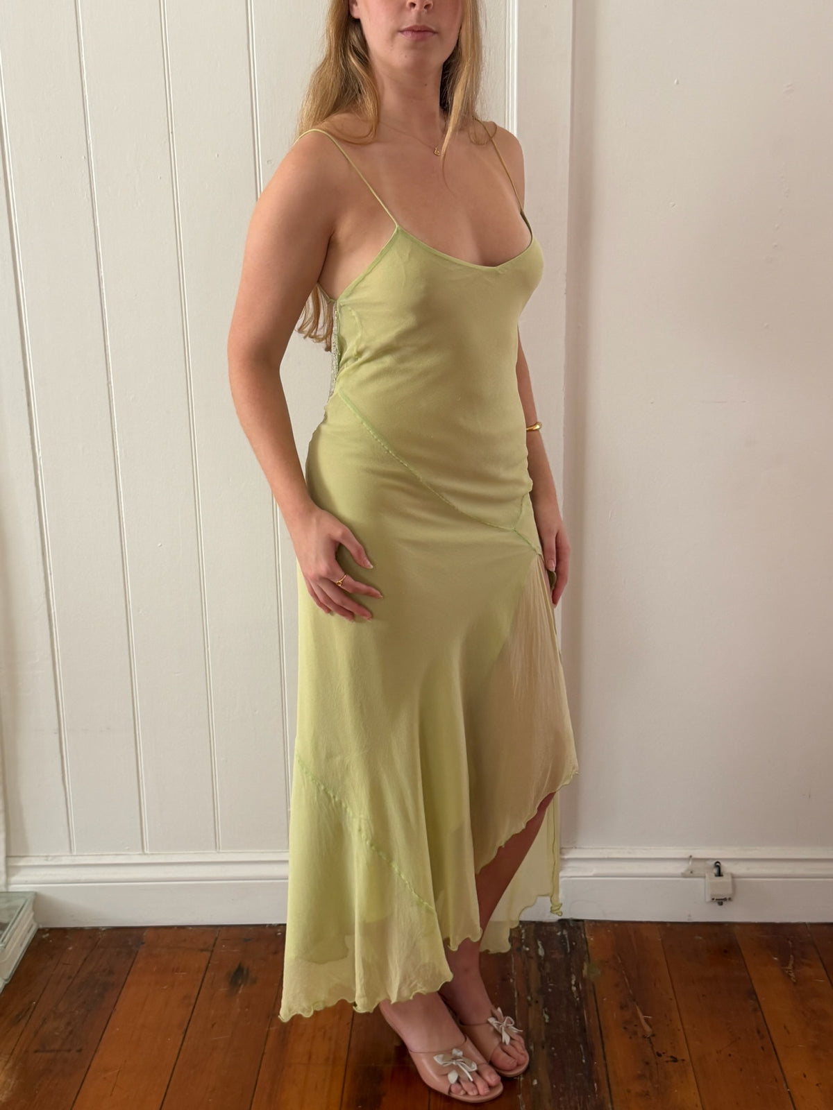 Vintage 1990 green asymmetric silk fairy dress with beaded fringing