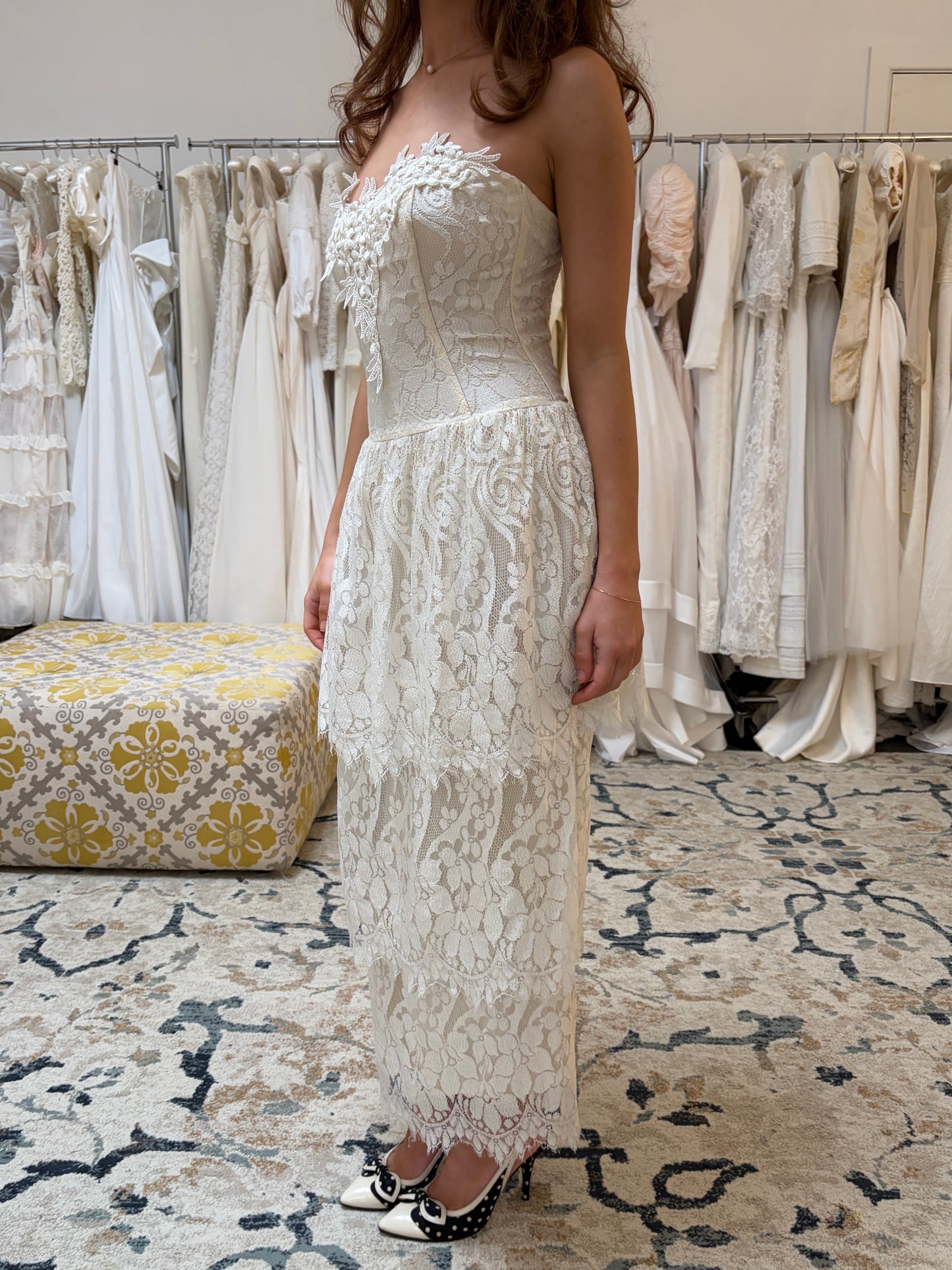Vintage 80s strapless tiered lace column wedding dress