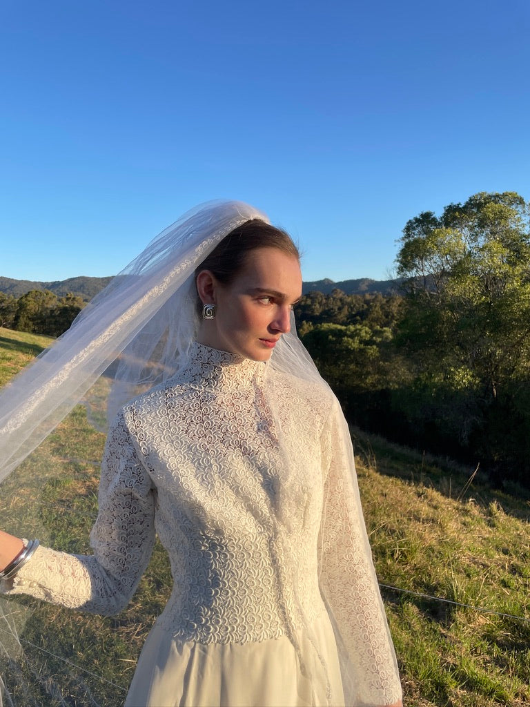 Vintage 70s embroidered chapel veil with blusher ivory