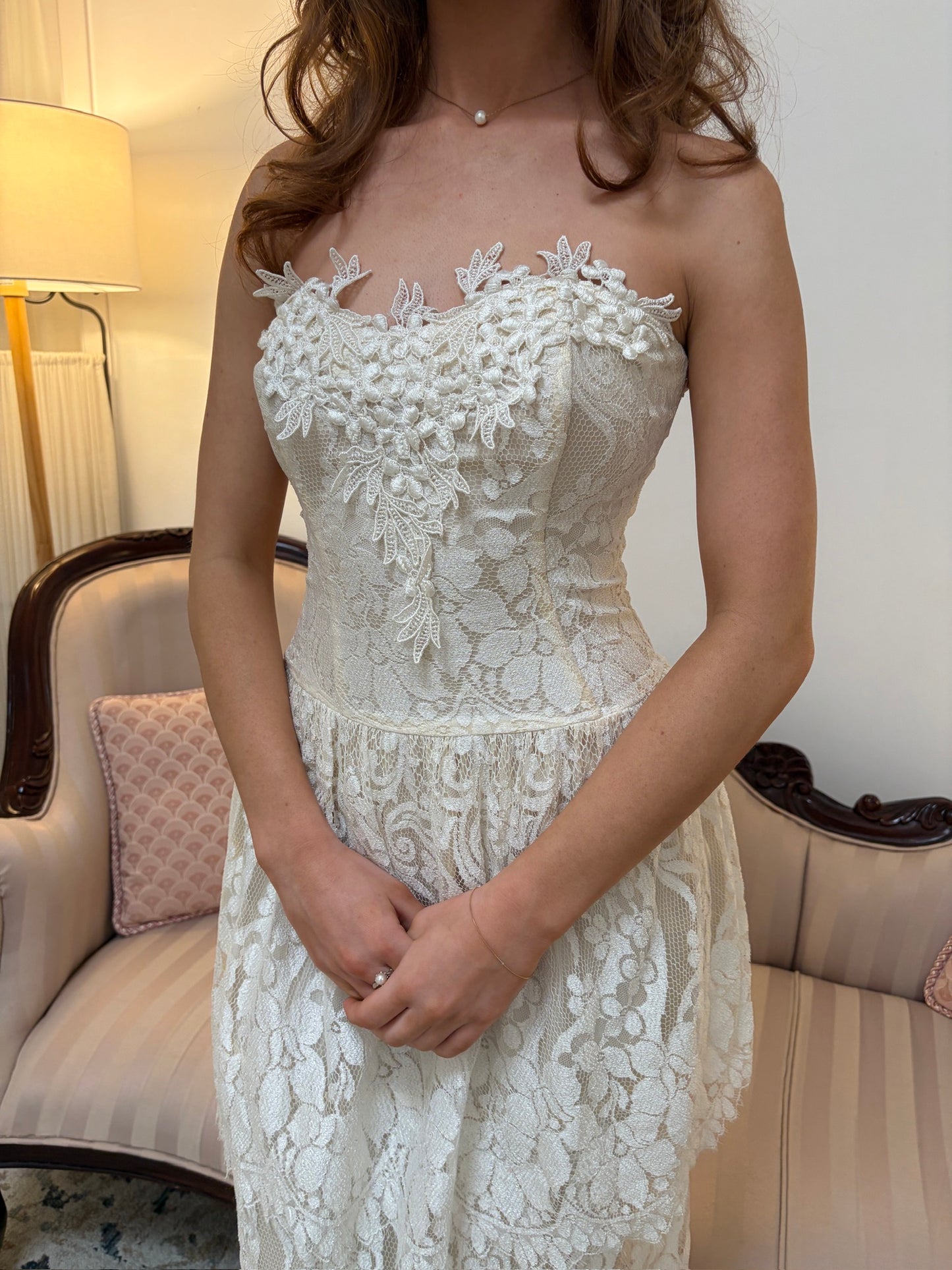 Vintage 80s strapless tiered lace column wedding dress