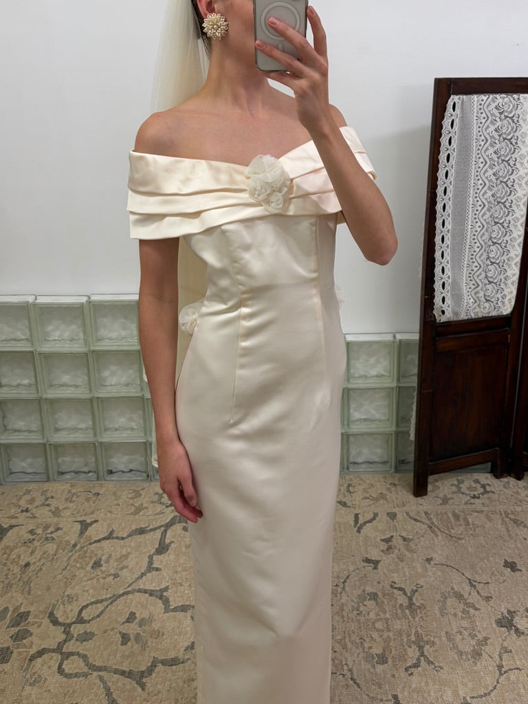 Vintage 1997 silk off shoulder wedding dress with rosettes