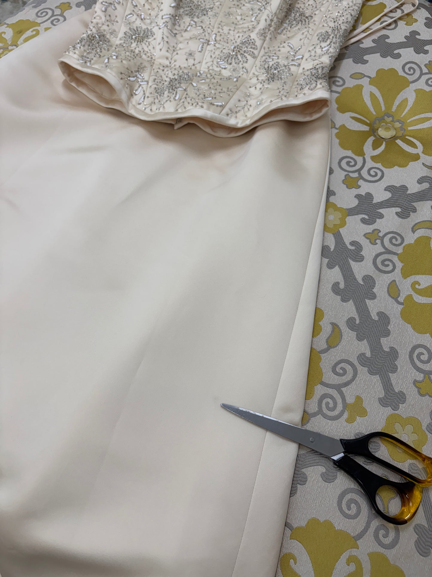 Vintage 00s Pronuptia champagne strapless wedding dress with detachable train