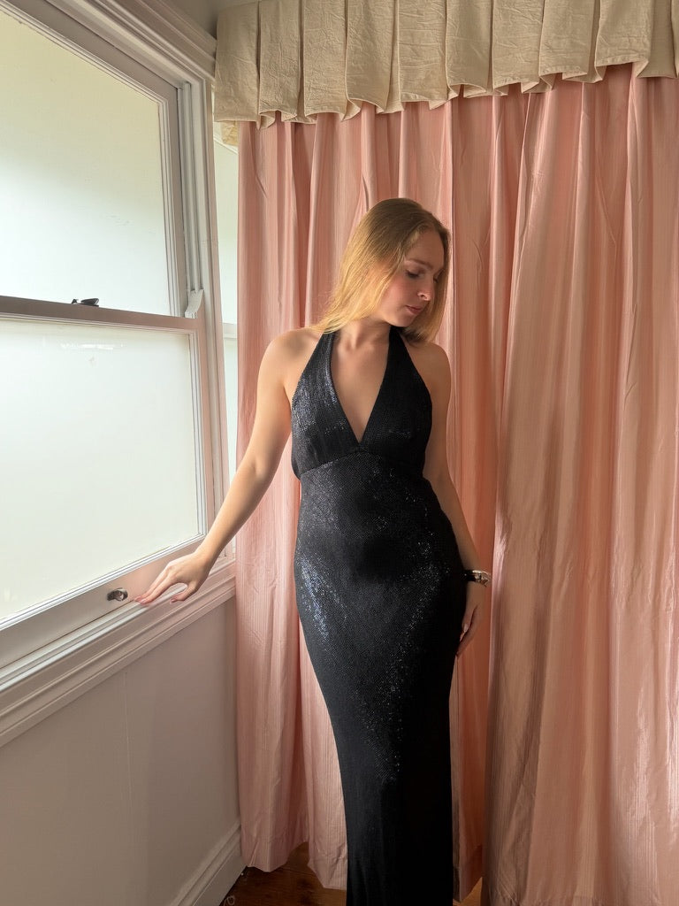 Vintage 00s black sequinned halter evening gown with open back