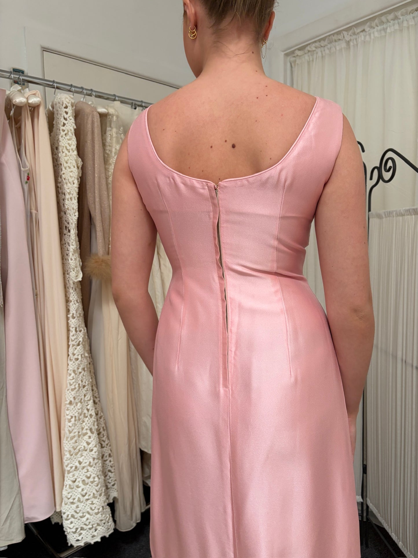 Vintage 60s candy pink tiered evening gown with bows