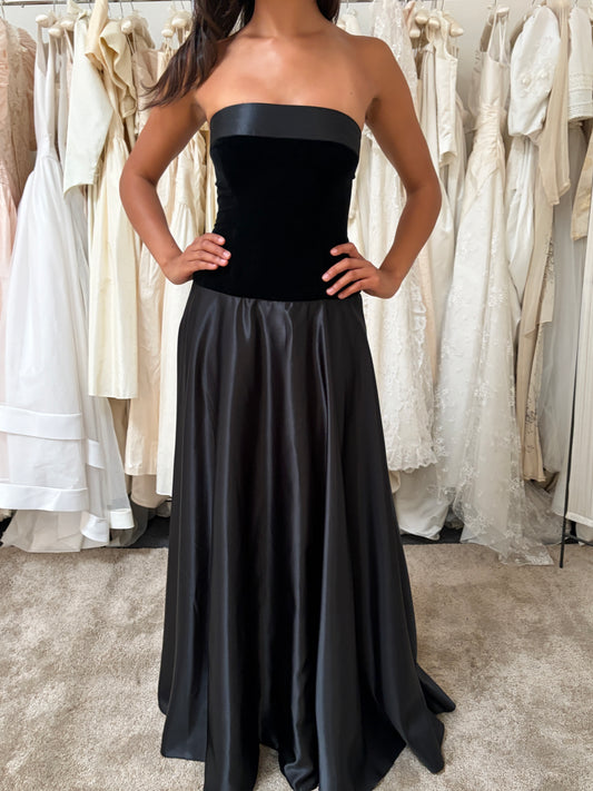 Vintage 80s Jean Allen black strapless satin velvet evening gown