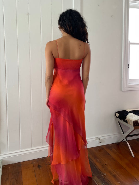 Sunset Dress - Vintage 90s ombre layered maxi with neck scarf