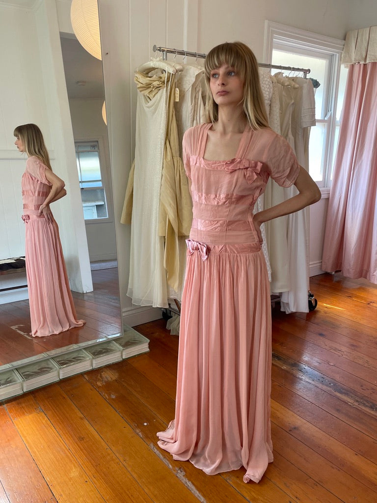 Vintage 50s pink drop waist maxi dress with bows