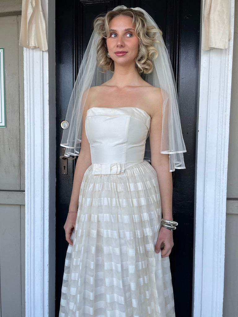 Vintage 1999 Wendy Makin Raw silk striped strapless gown