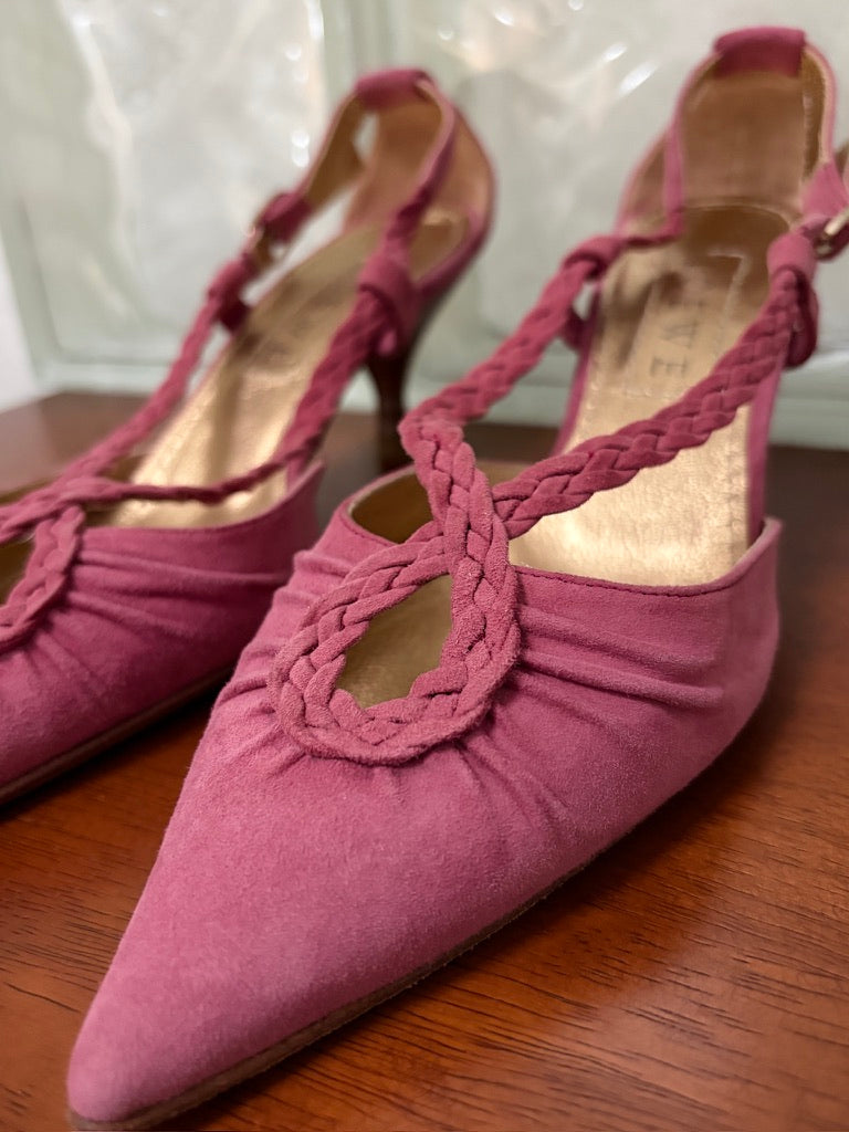 Vintage Loewe pink suede pointed toe heels with braided straps
