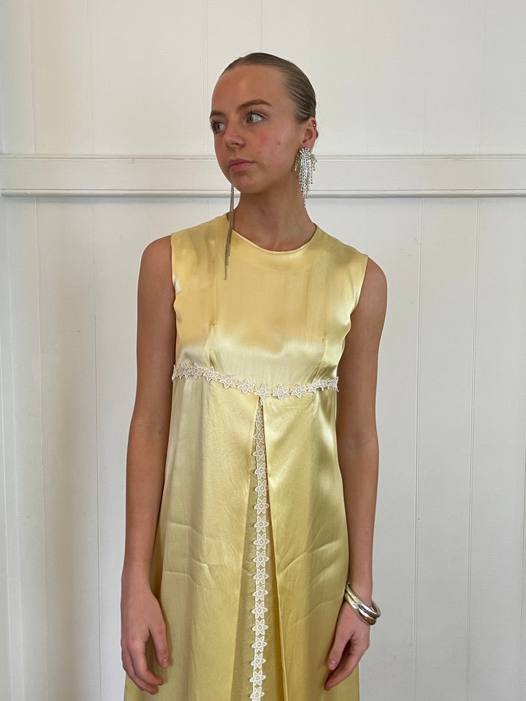 Vintage 60s butter yellow satin midi dress with lace trim