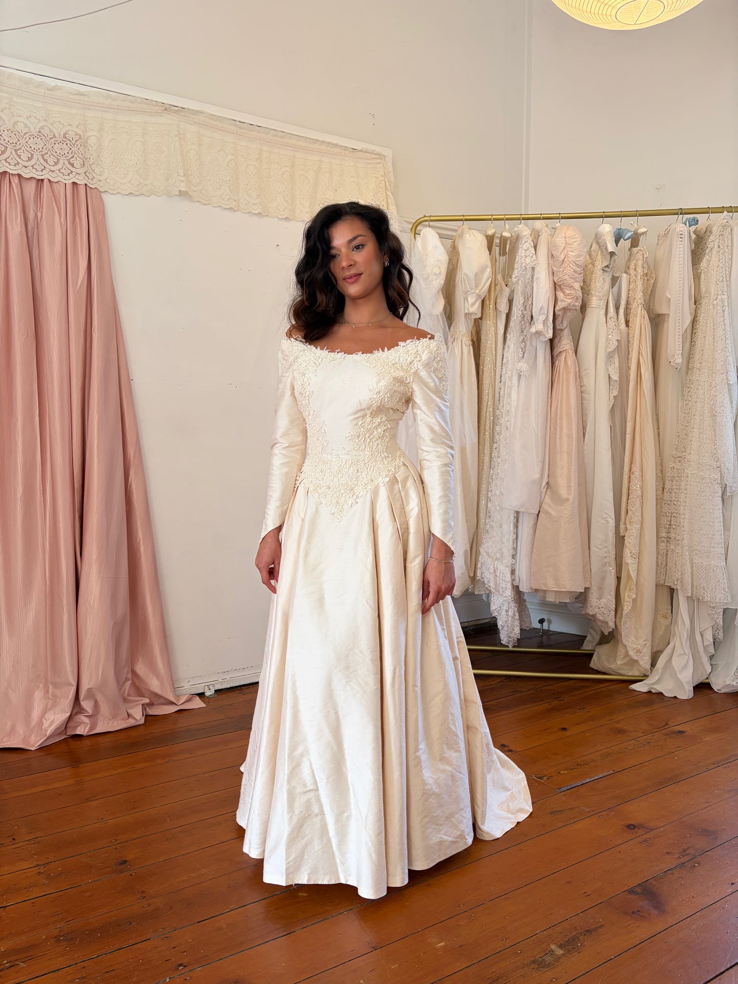 Vintage 1991 Silk dupion lone sleeve wedding gown with matching veil