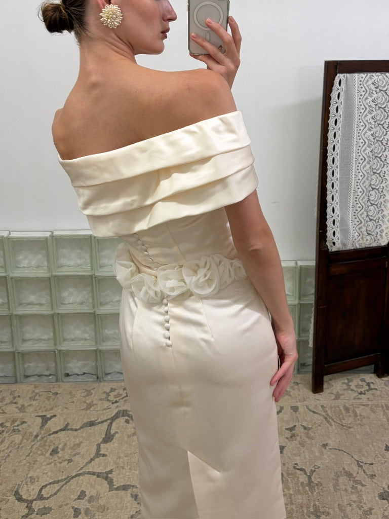 Vintage 1997 silk off shoulder wedding dress with rosettes