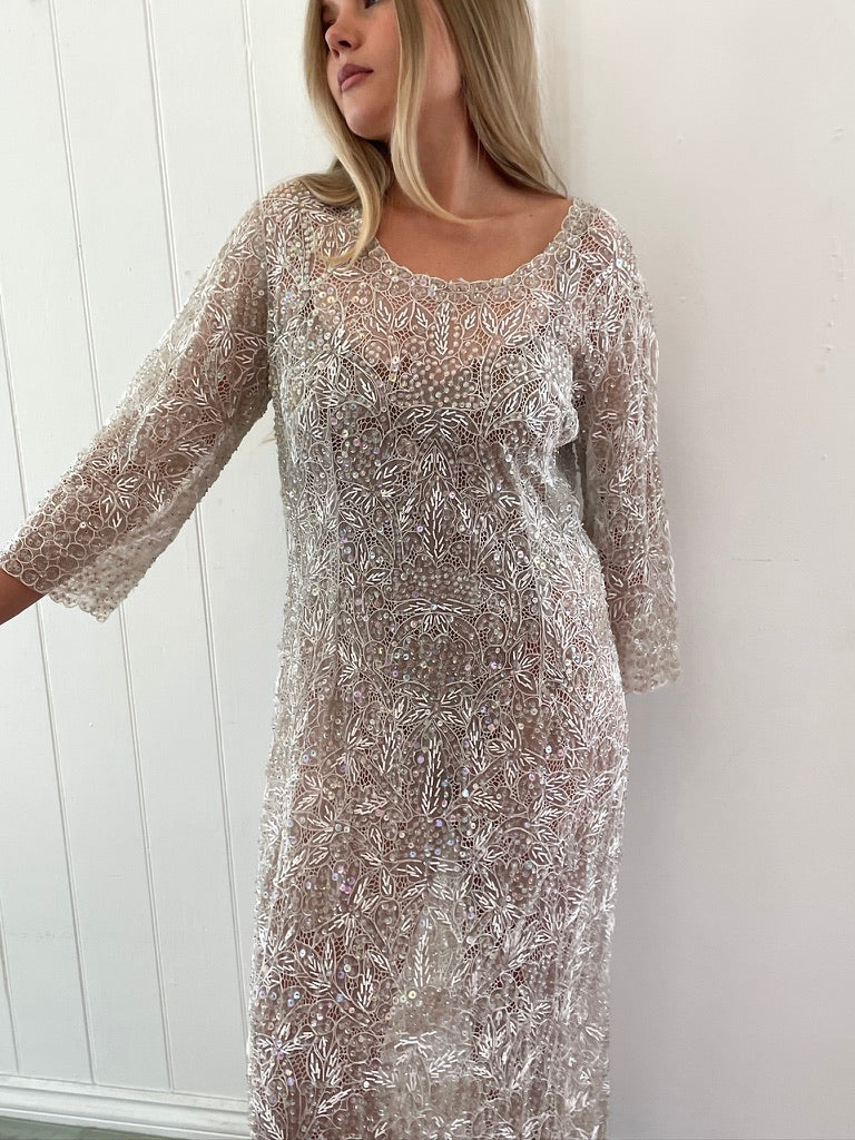 Vintage 60s semi sheer long sleeve beaded sequinned bridal gown