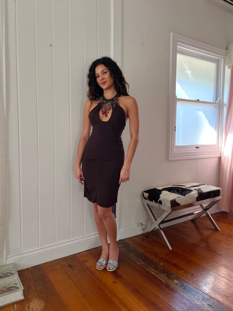 Vintage 90s brown backless mini dress with beaded fringe neckline