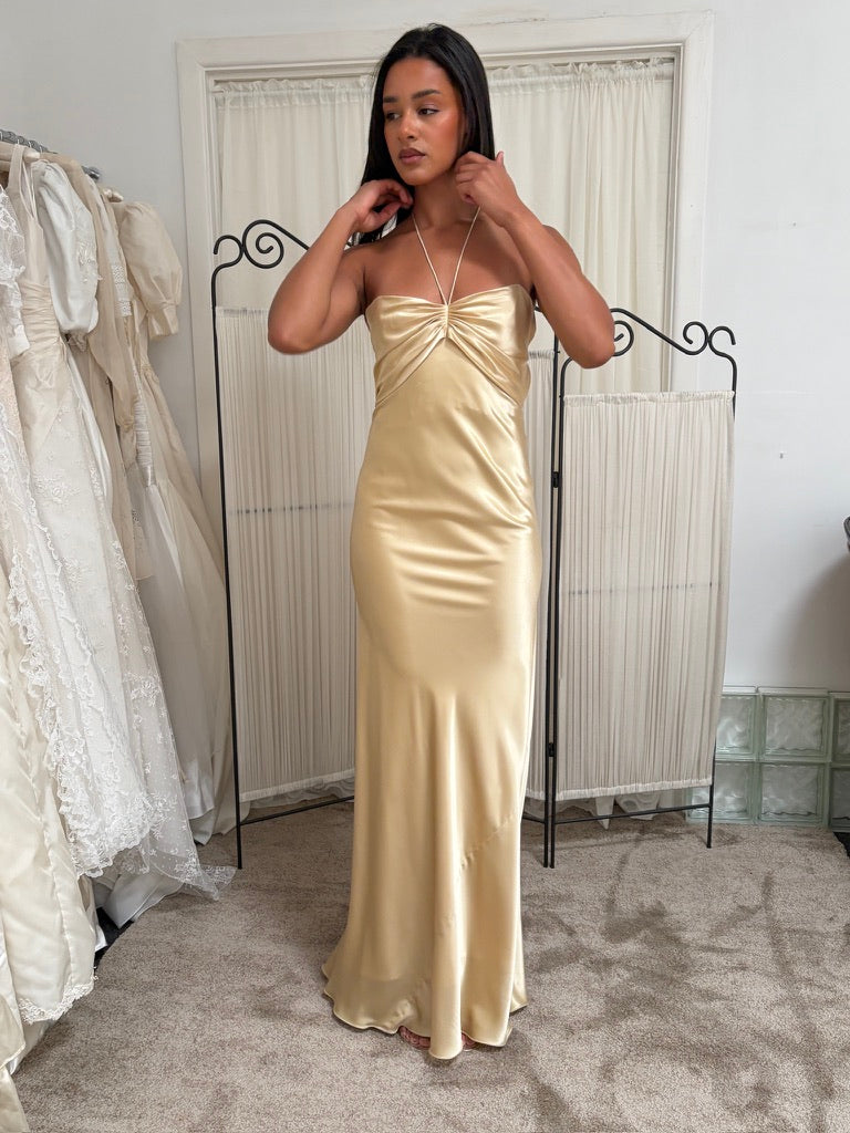 Vintage 90s Jenny Bannister open back champagne evening gown