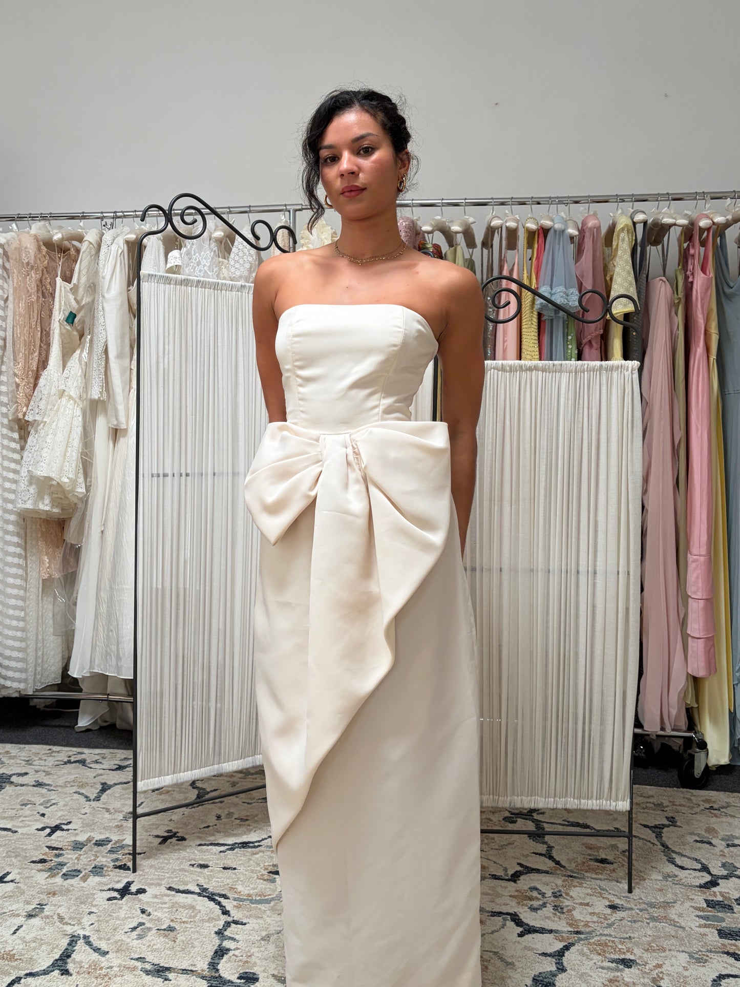 Vintage 80s Victor Costa satin column gown with statement bow