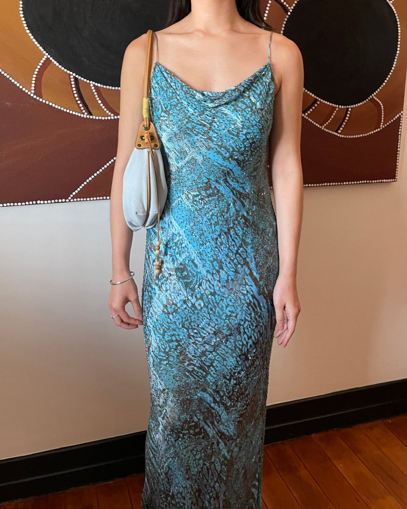Vintage 90s blue silk beaded slip dress