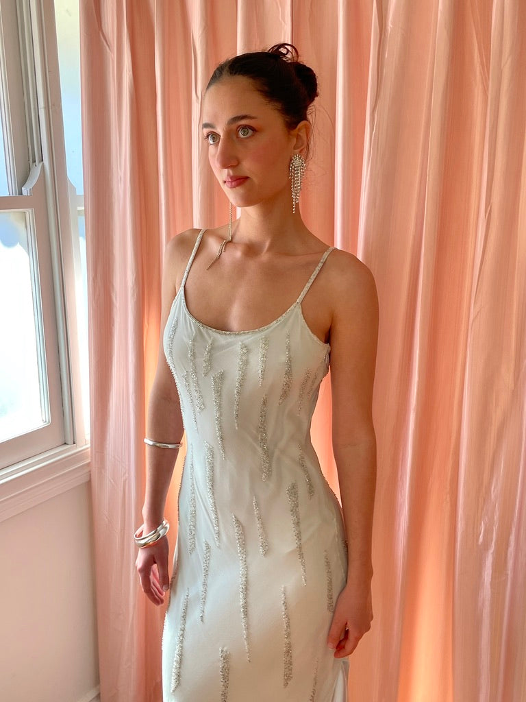 Vintage 00s ice blue silk beaded slip with slashed hem