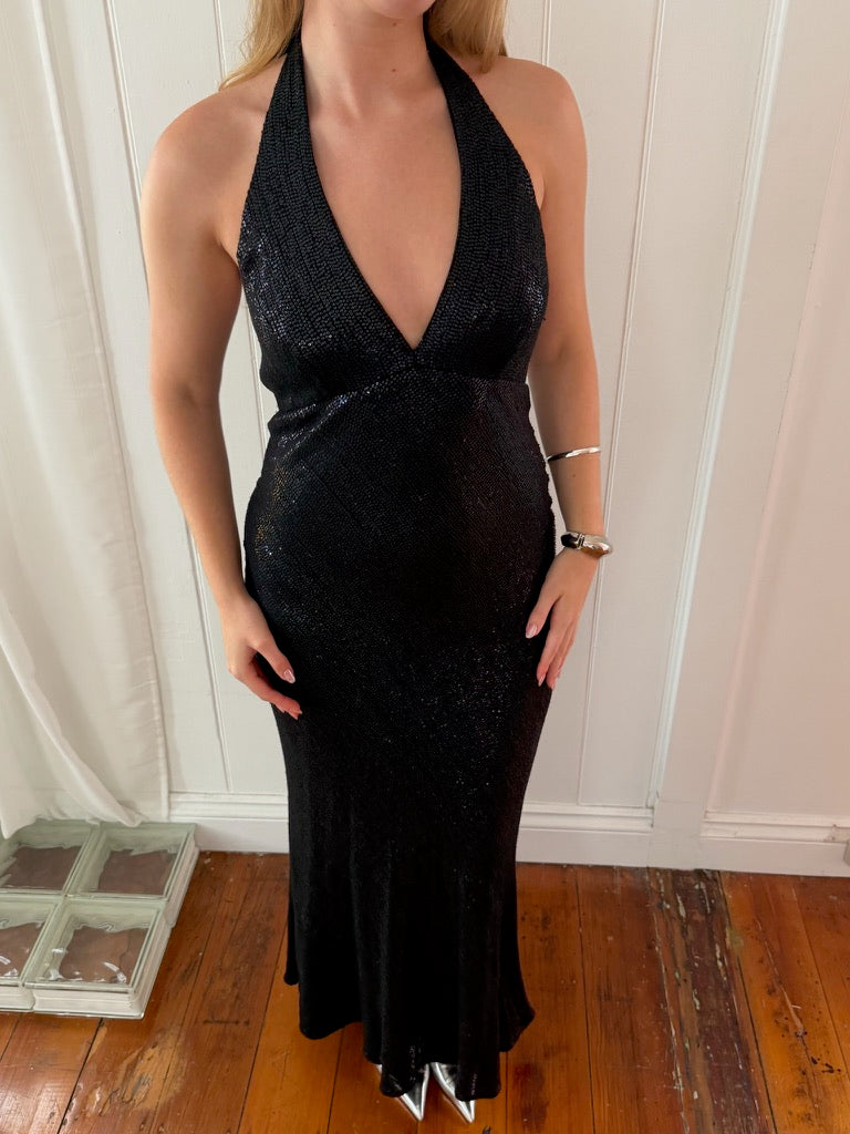 Vintage 00s black sequinned halter evening gown with open back