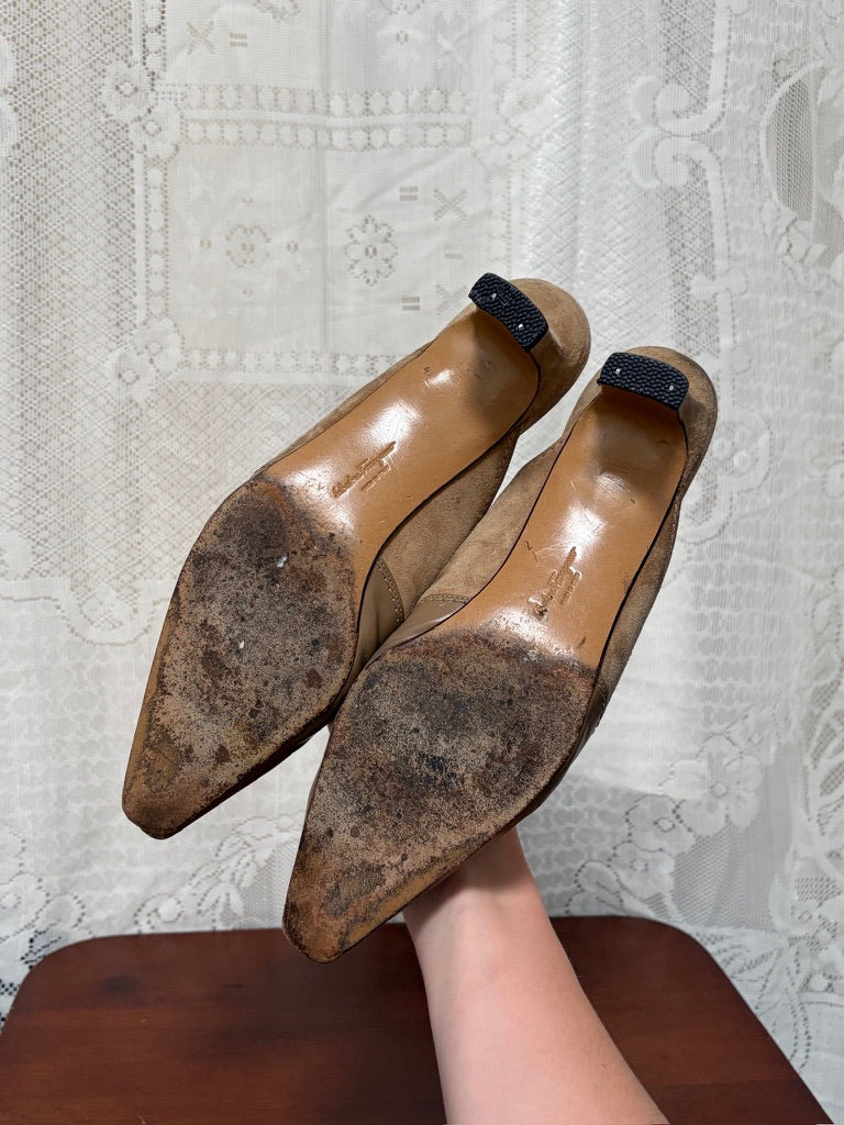 Vintage Salvatore Ferragamo suede buckle pointed toe kitten heels