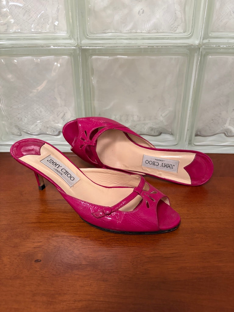 Vintage Jimmy Choo hot pink patent leather mule kitten heels