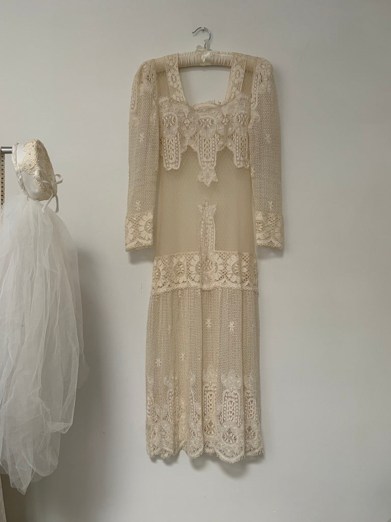 Vintage 70s does 20s cream lace drop waist bridal dress
