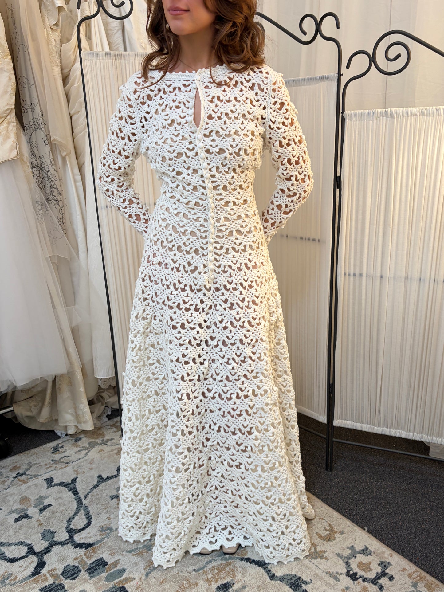 Vintage 70s ivory crochet long sleeve a-line wedding dress
