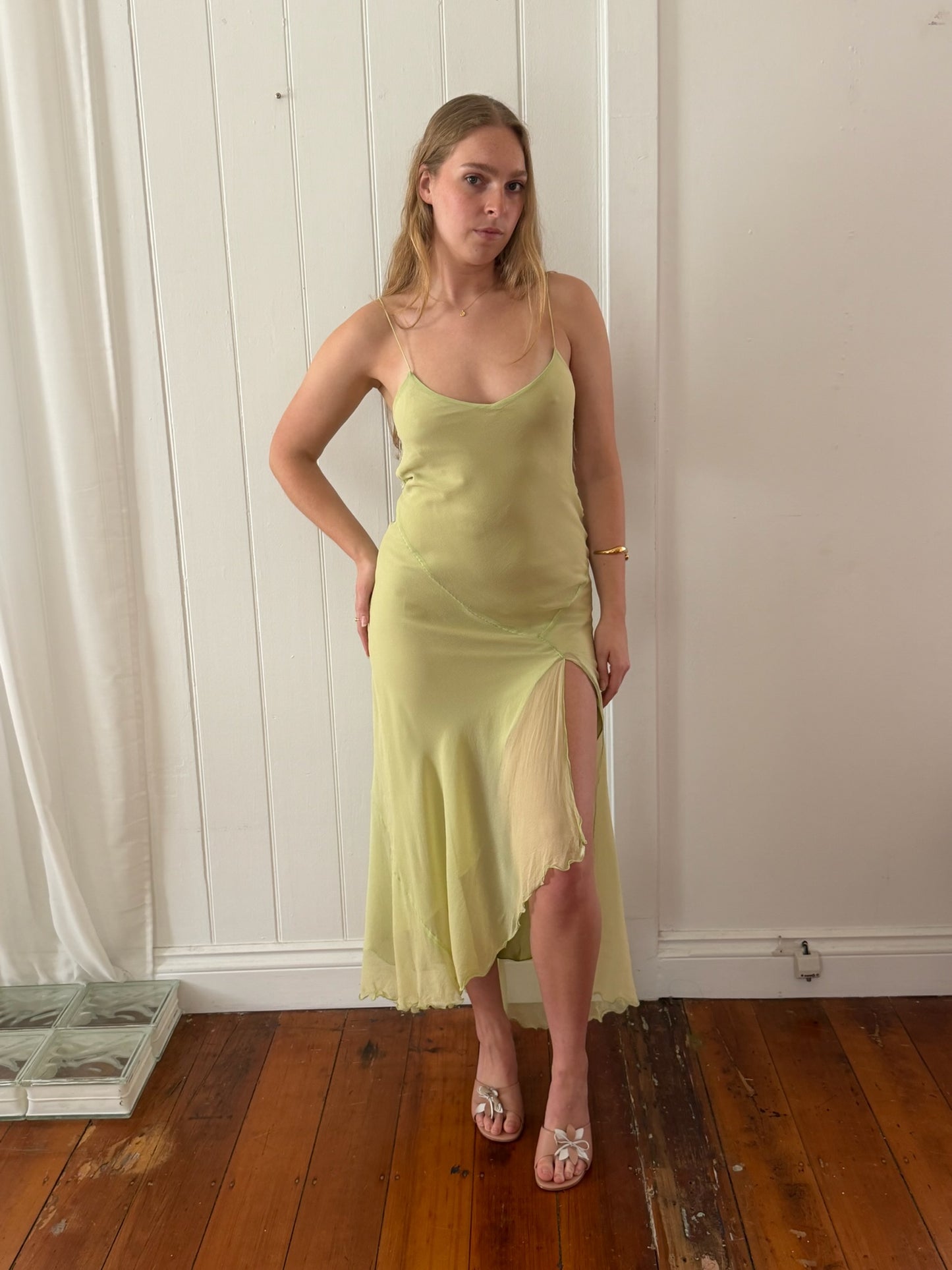 Vintage 1990 green asymmetric silk fairy dress with beaded fringing