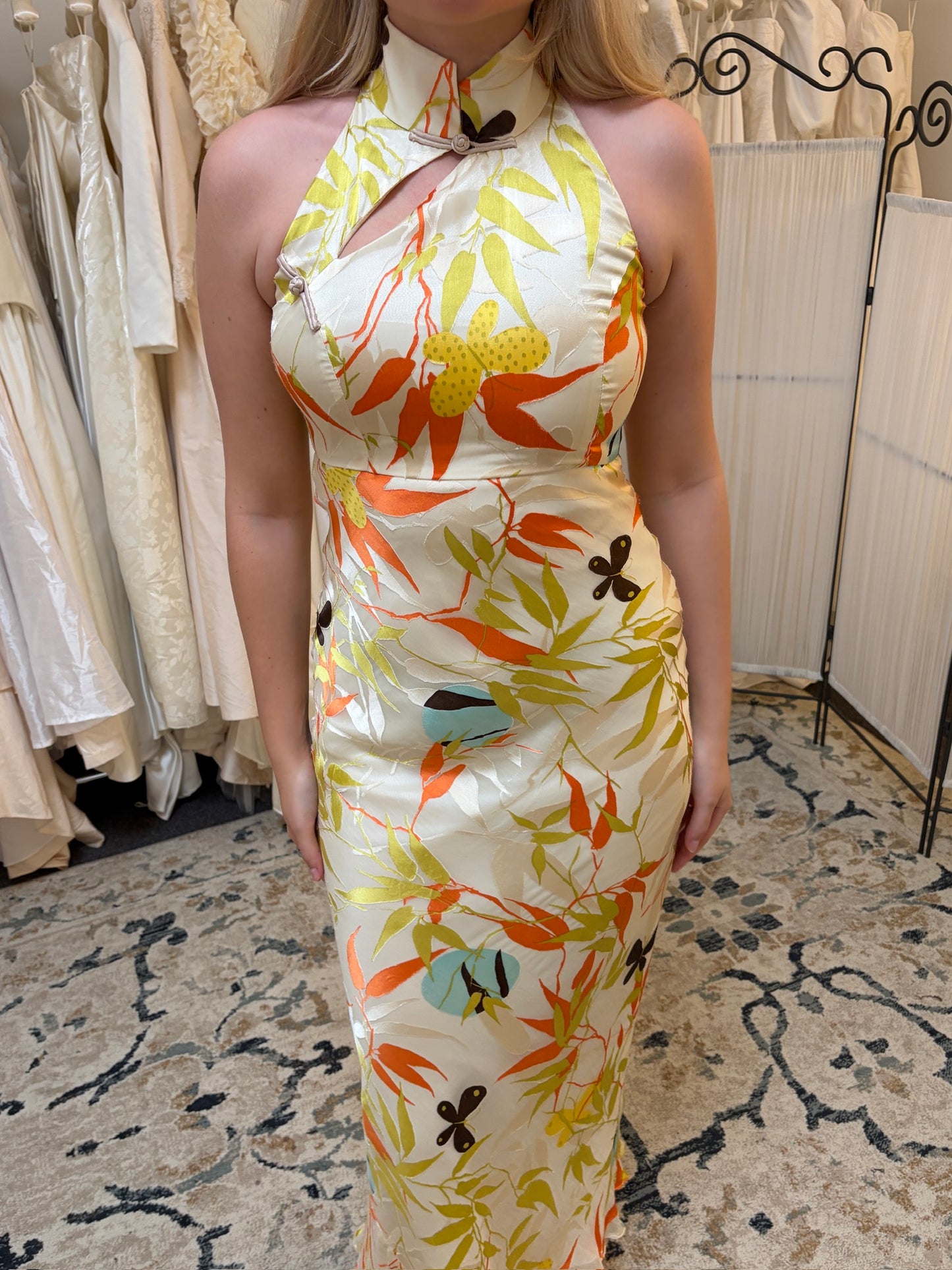 Vintage 00s silk butterfly print high neck dress with frog clasps