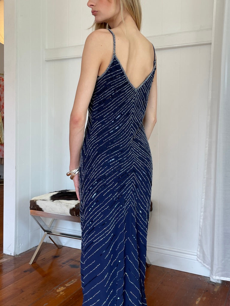 Vintage Y2K Navy beaded slip dress with flirty hem