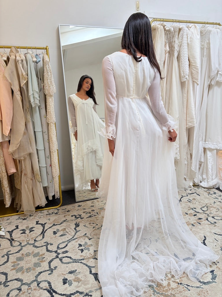 Vintage 70s Margo Prince ethereal ruffled chiffon long sleeve wedding dress with train