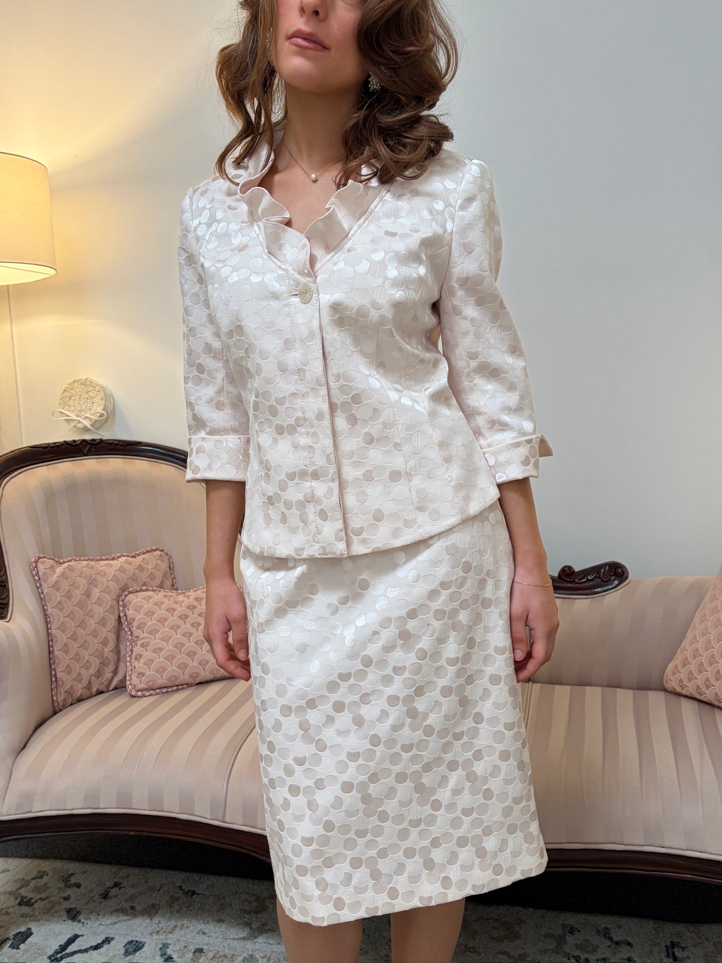 Vintage 00s baby pink polkadot skirt suit set with ruffle detailing
