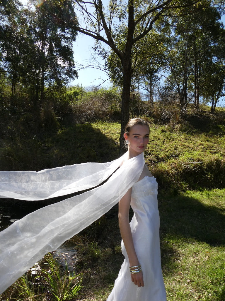 Vintage 90s strapless organza gown with neck scarf