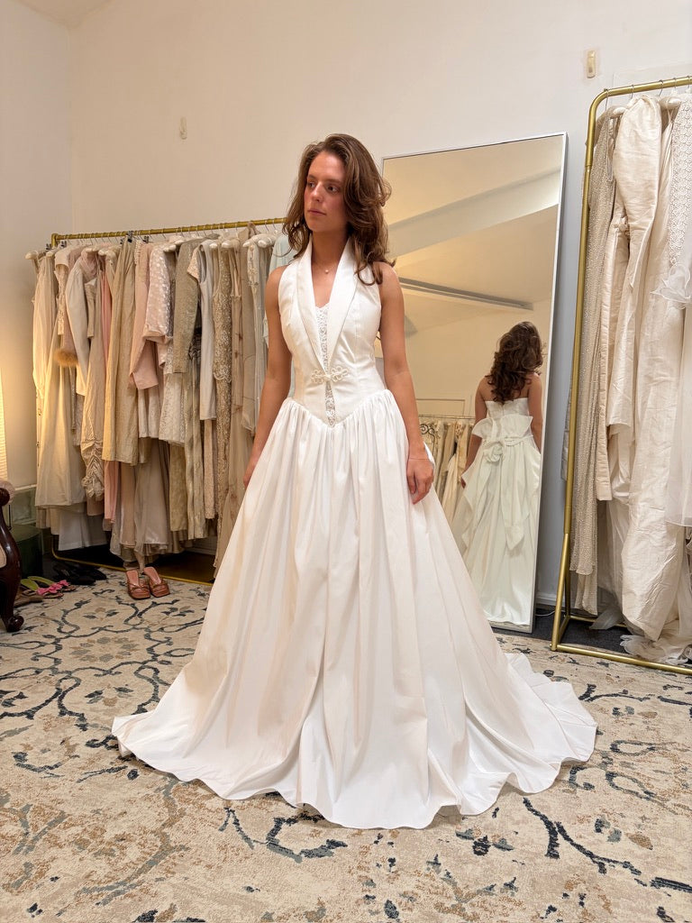 Vintage 90s taffeta basque waist halter wedding gown with train