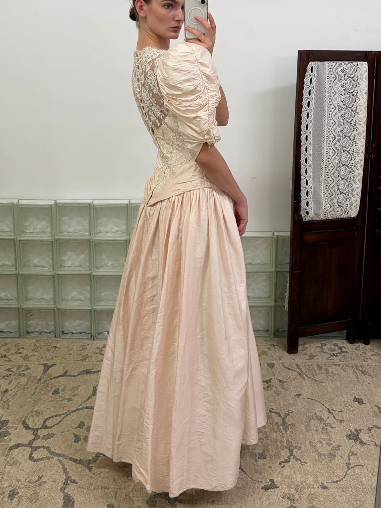 Vintage 80s ballerina pink puff sleeve basque waist gown